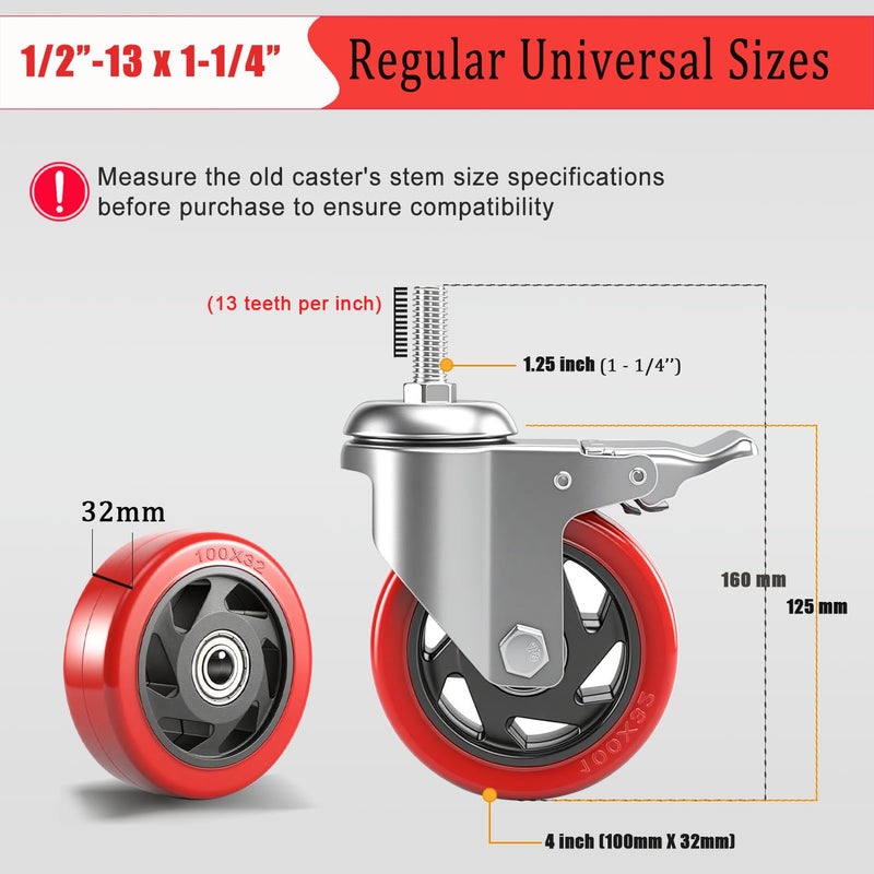 Julang 4 inch Caster Wheels, 1/2 Threaded Stem Casters Set of 4 Heavy Duty,1/2"-13 x1-1/4(Stem Diameter 1/2", 13 Threaeds Per Inch, Length 1.25"), Industrial Castor Wheels for Cart,Furniture - Image 3